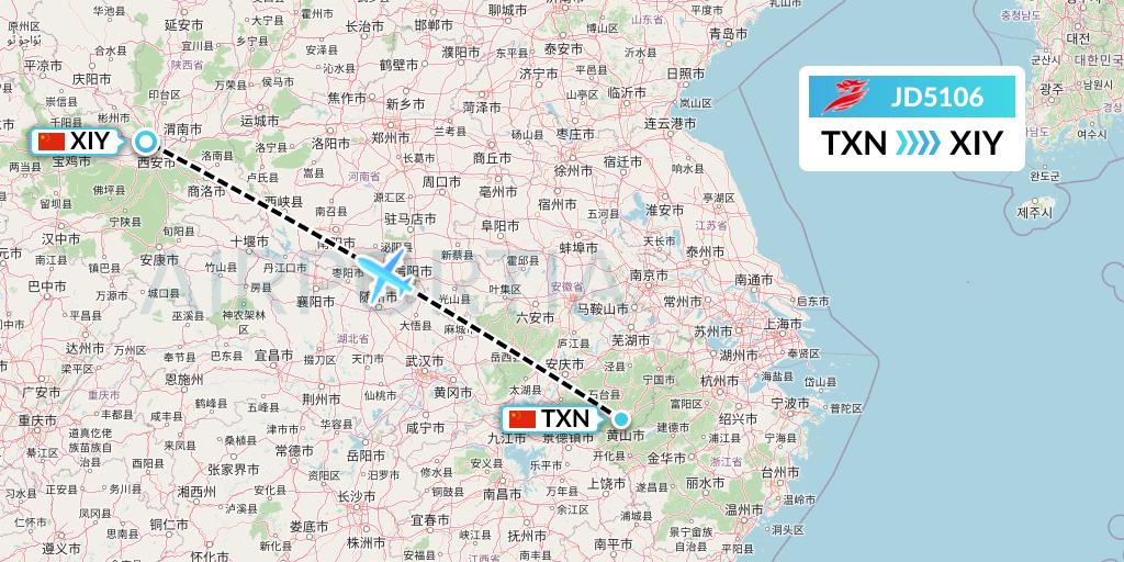 JD5106 Capital Airlines Flight Map: Huangshan City to Xi'an