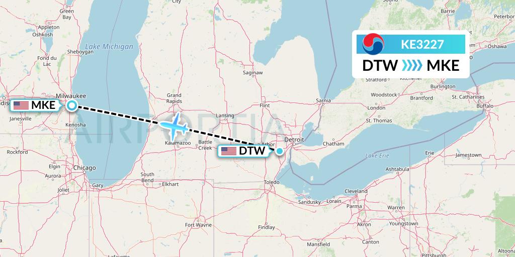 KE3227 Korean Air Flight Map: Detroit to Milwaukee