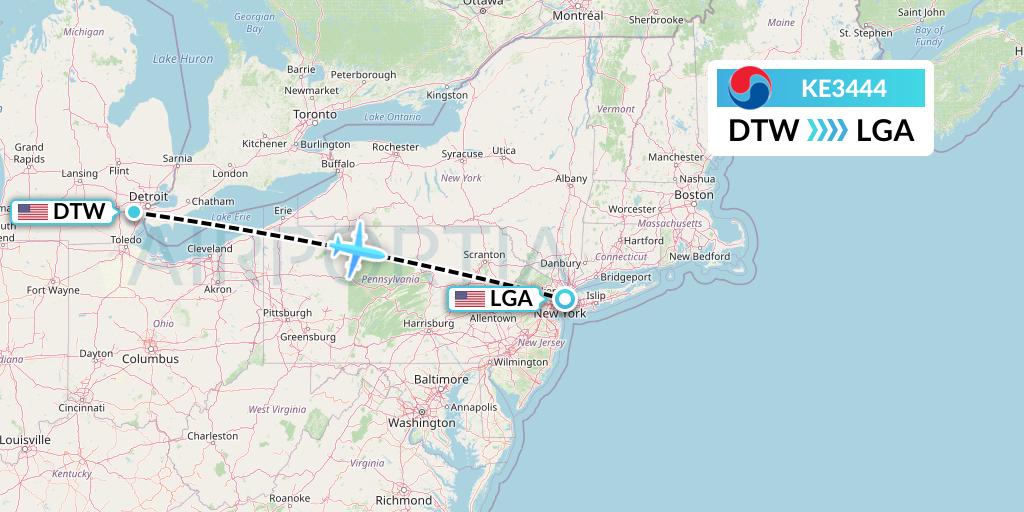 KE3444 Korean Air Flight Map: Detroit to New York