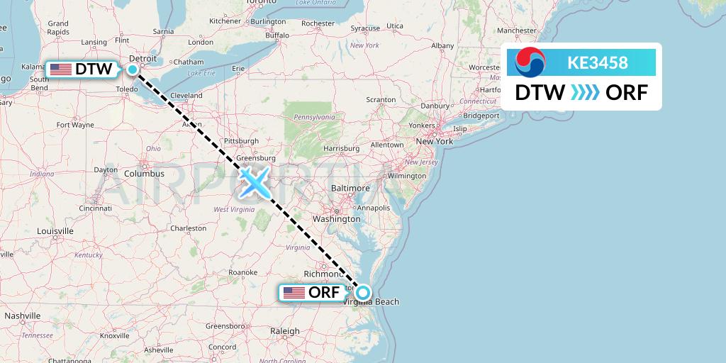 KE3458 Korean Air Flight Map: Detroit to Norfolk