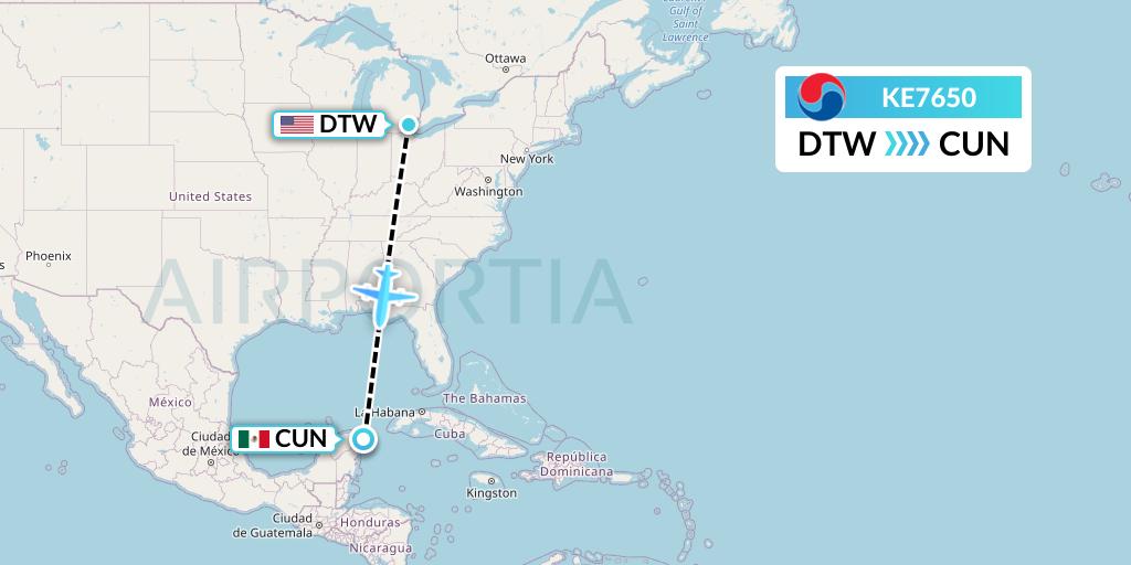 KE7650 Korean Air Flight Map: Detroit to Cancun
