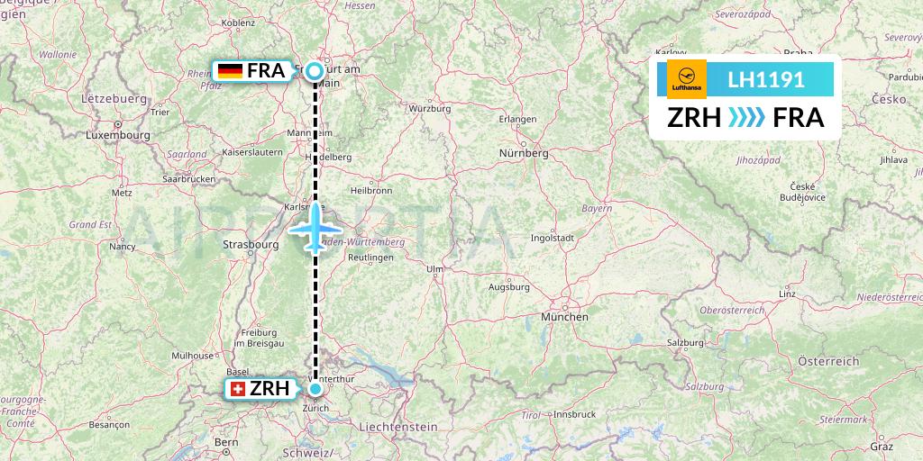 LH1191 Lufthansa Flight Map: Zurich to Frankfurt
