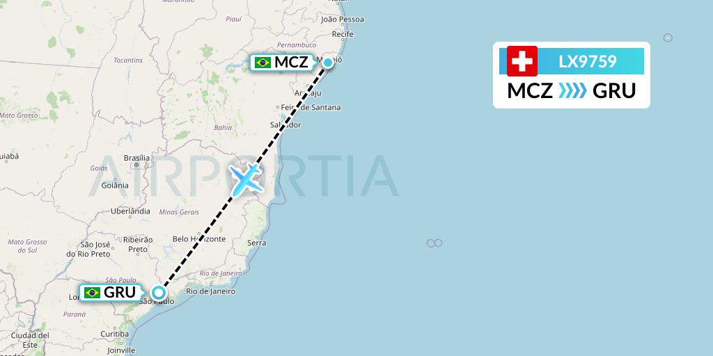 LX9759 Swiss Flight Map: Maceio to Sao Paulo