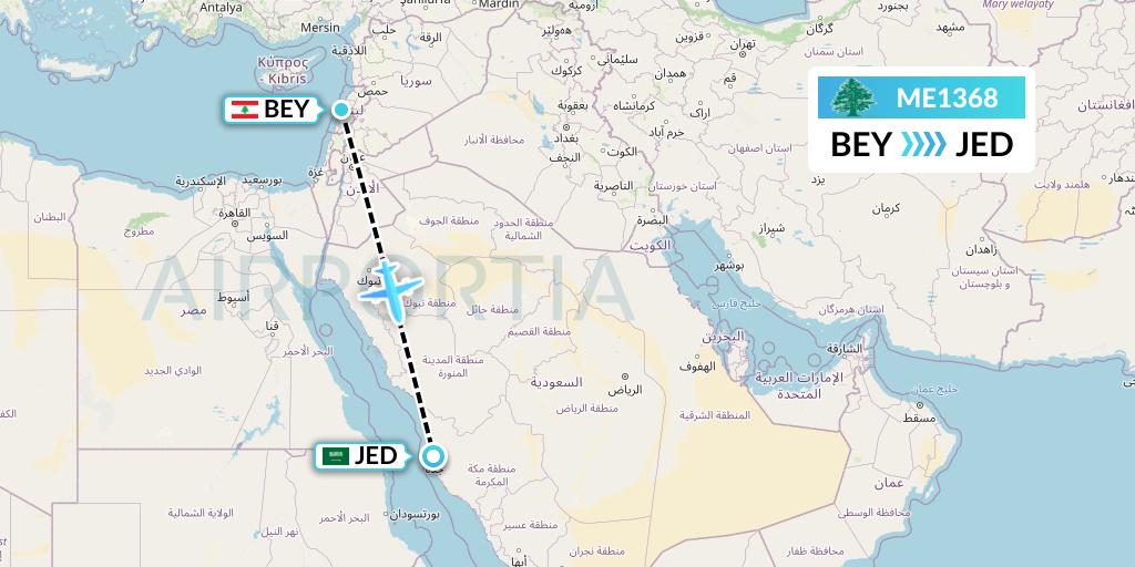 ME1368 MEA Flight Map: Beirut to Jeddah