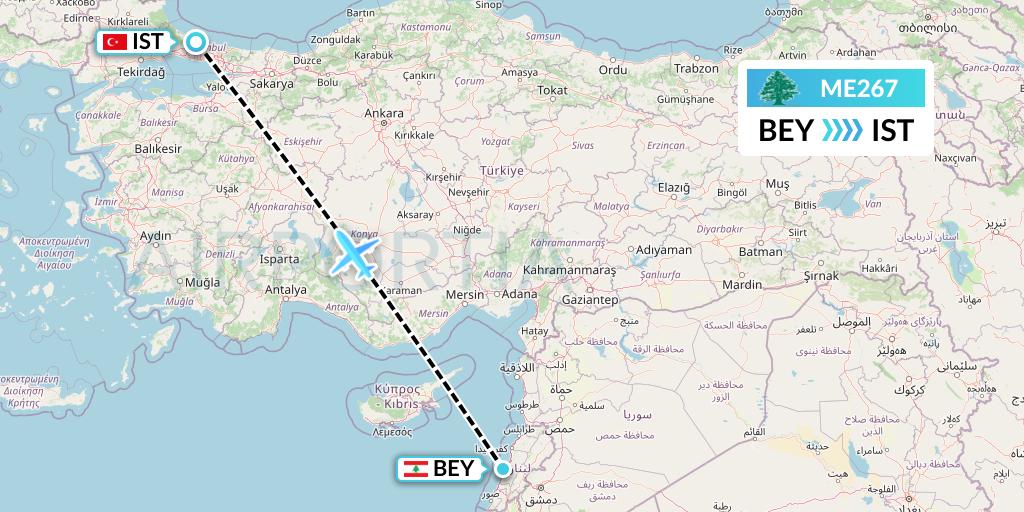 ME267 MEA Flight Map: Beirut to Istanbul