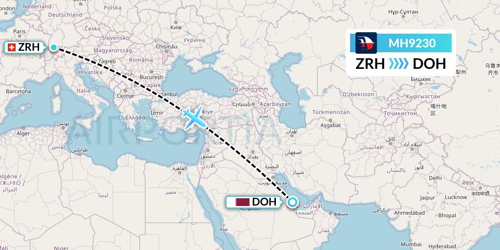 MH9230 Malaysia Airlines Flight Map: Zurich to Doha