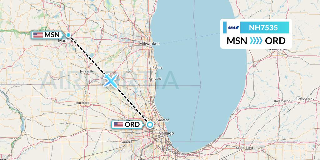 NH7535 All Nippon Airways Flight Map: Madison to Chicago