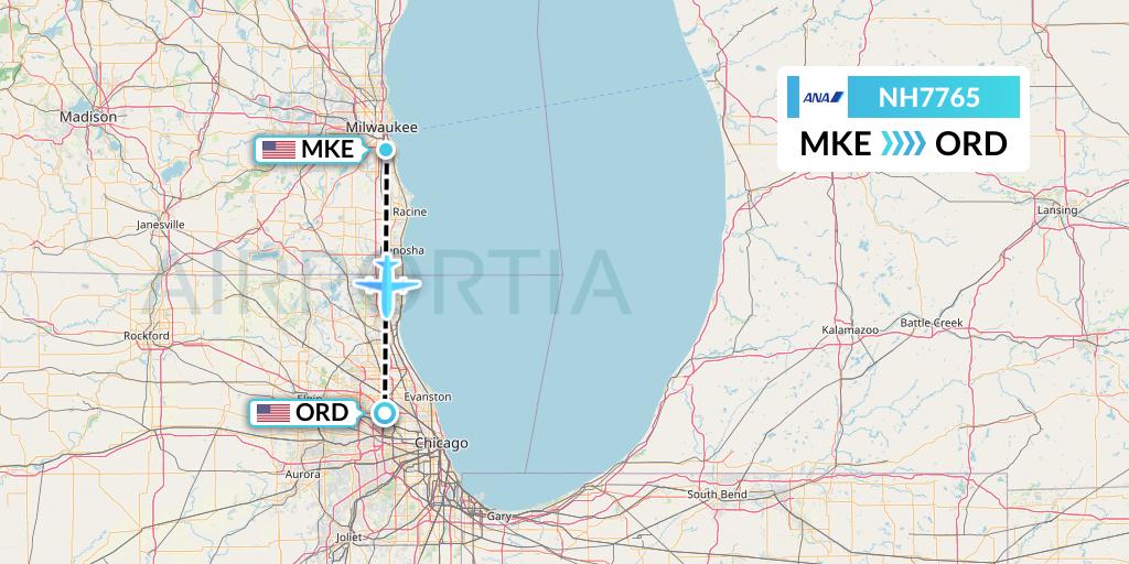 NH7765 All Nippon Airways Flight Map: Milwaukee to Chicago
