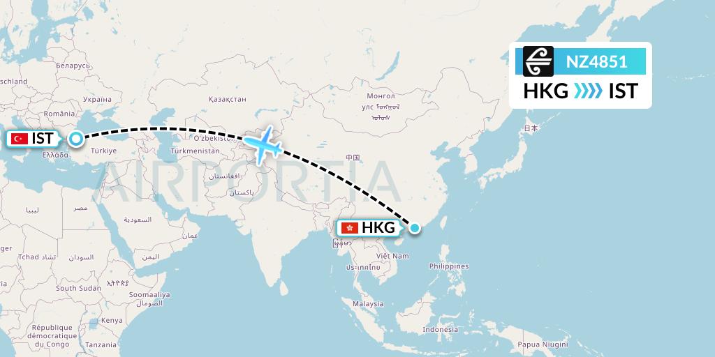 NZ4851 Air New Zealand Flight Map: Hong Kong to Istanbul