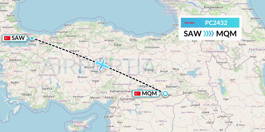 PC2432 Pegasus Airlines Flight Map: Istanbul to Mardin