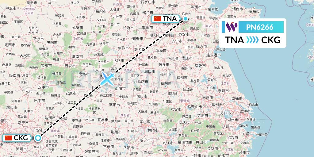 PN6266 China West Air Flight Map: Jinan to Chongqing