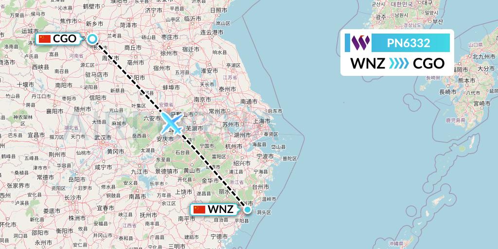 PN6332 China West Air Flight Map: Wenzhou to Zhengzhou