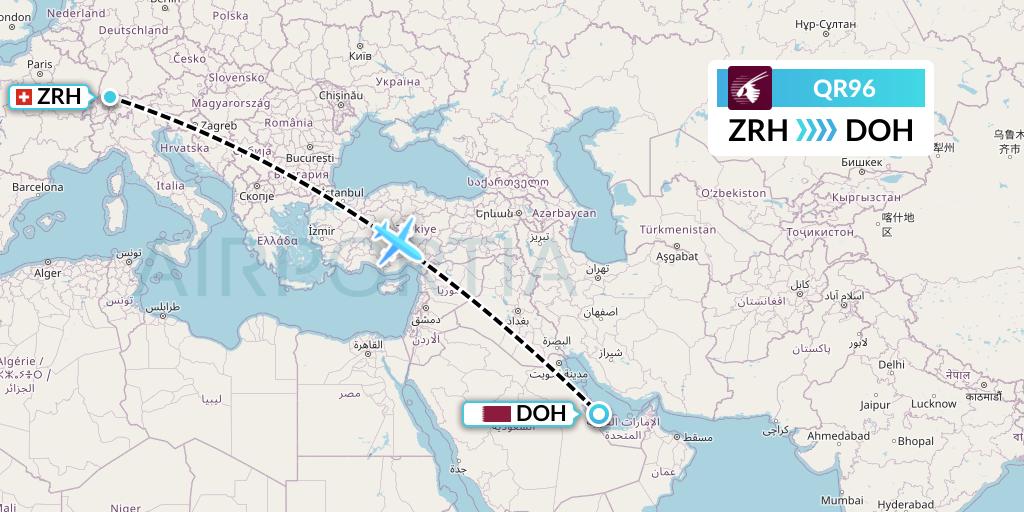 QR96 Qatar Airways Flight Map: Zurich to Doha