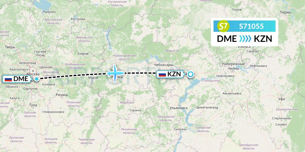 S71055 S7 Airlines Flight Map: Moscow to Kazan