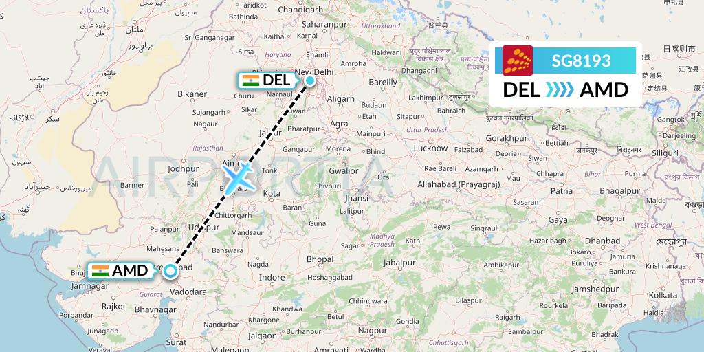 SG8193 SpiceJet Flight Map: Delhi to Ahmedabad