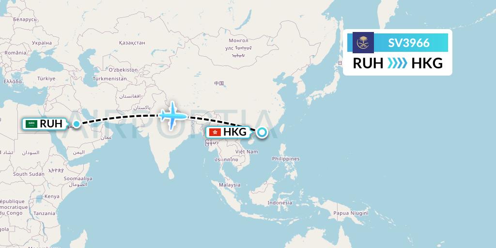 SV3966 Saudi Arabian Airlines Flight Map: Riyadh to Hong Kong