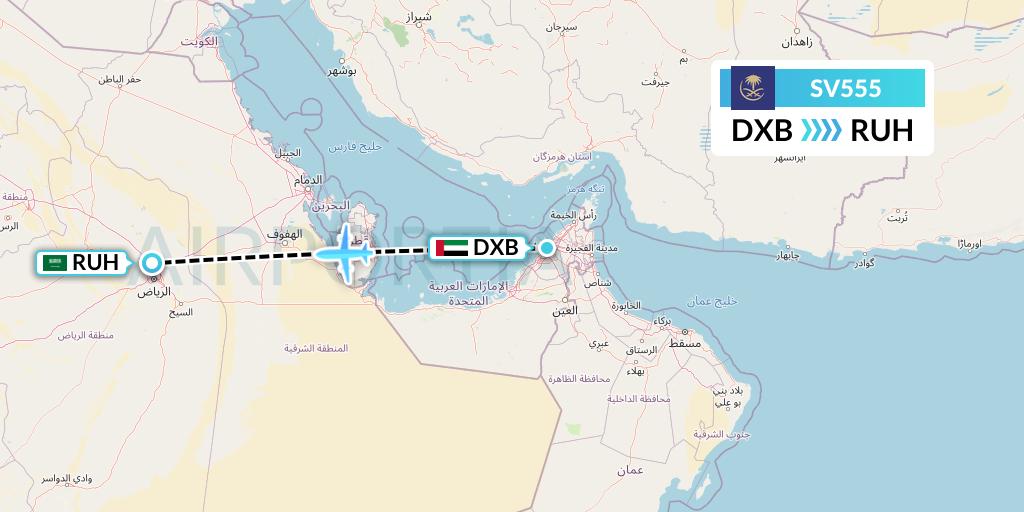 SV555 Saudi Arabian Airlines Flight Map: Dubai to Riyadh