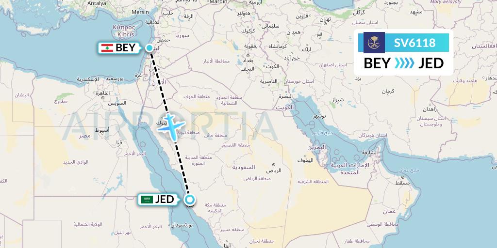 SV6118 Saudi Arabian Airlines Flight Map: Beirut to Jeddah