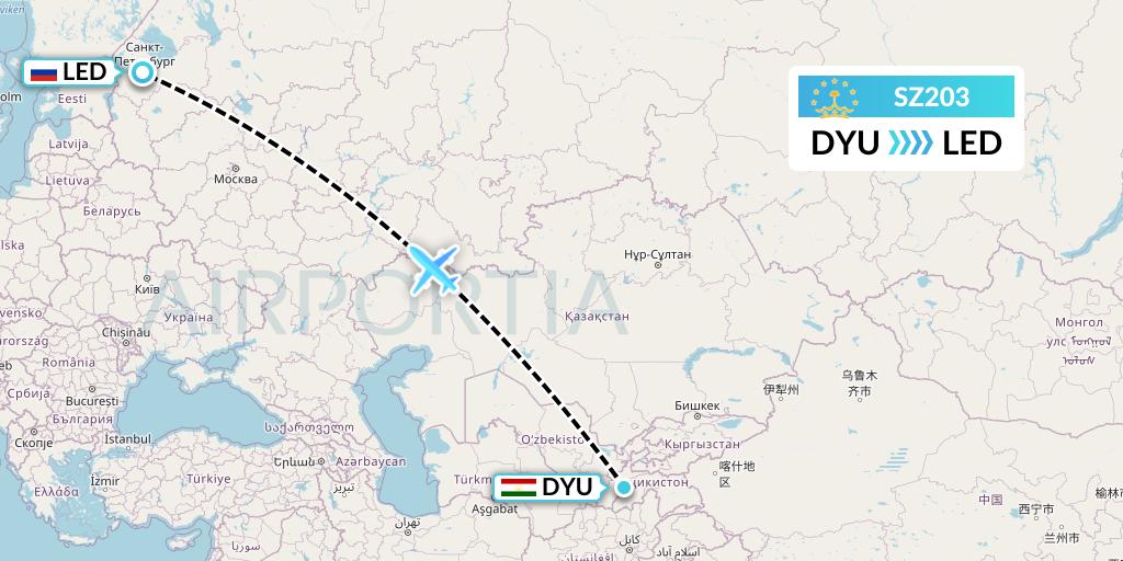 SZ203 Somon Air Flight Map: Dushanbe to St. Petersburg
