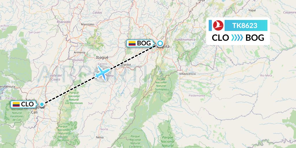 TK8623 Turkish Airlines Flight Map: Cali to Bogota