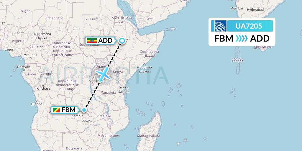 UA7205 United Airlines Flight Map: Lubumbashi to Addis Ababa