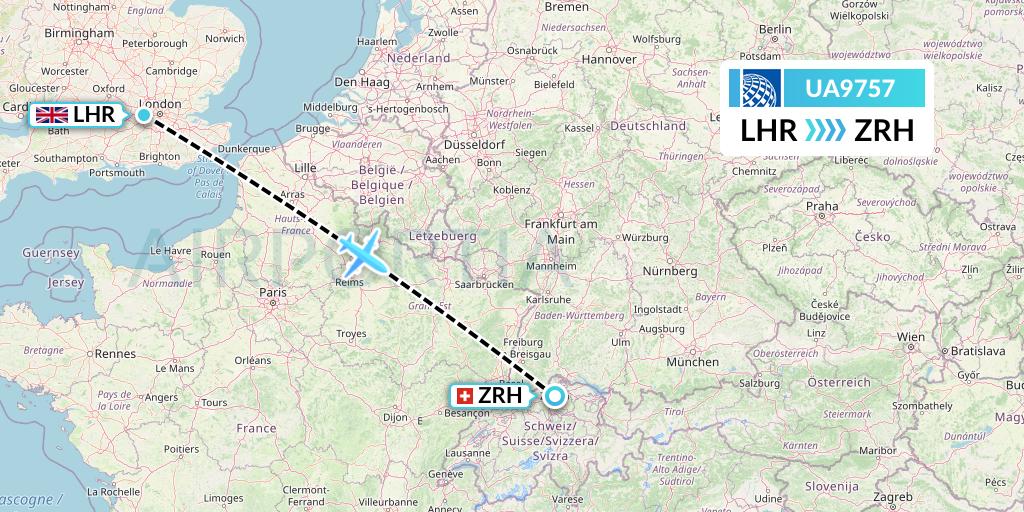 UA9757 United Airlines Flight Map: London to Zurich