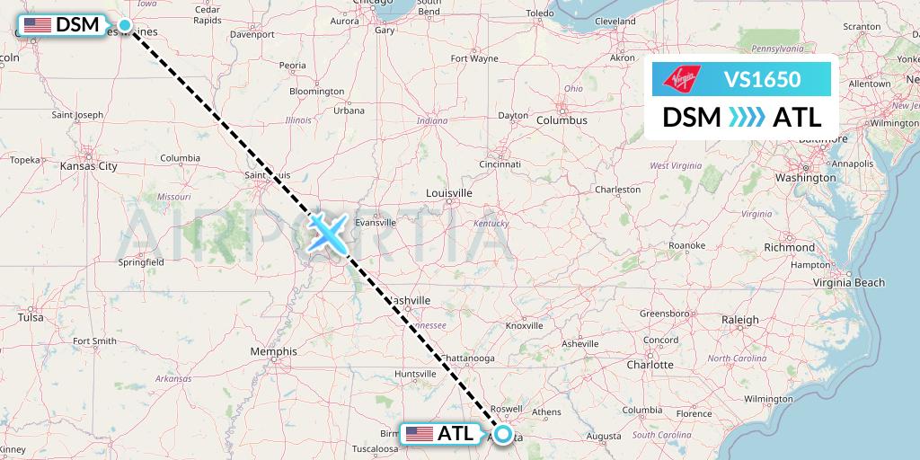 VS1650 Virgin Atlantic Airways Flight Map: Des Moines to Atlanta