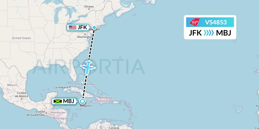 VS4853 Virgin Atlantic Airways Flight Map: New York to Montego Bay
