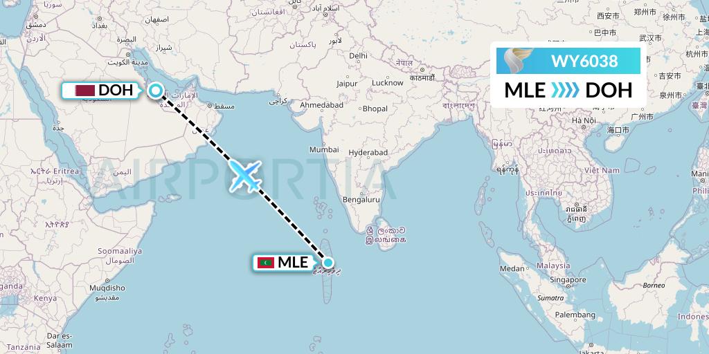 WY6038 Oman Air Flight Map: Male to Doha