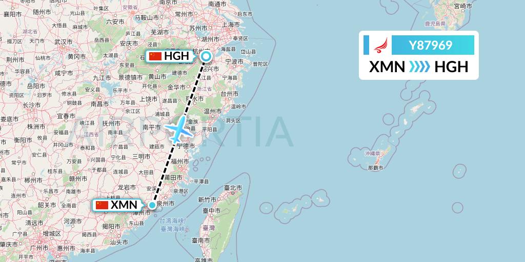 Y87969 Yangtze River Express Flight Map: Xiamen to Hangzhou