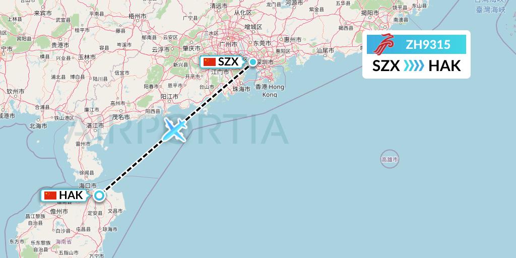 ZH9315 Shenzhen Airlines Flight Map: Shenzhen to Haikou