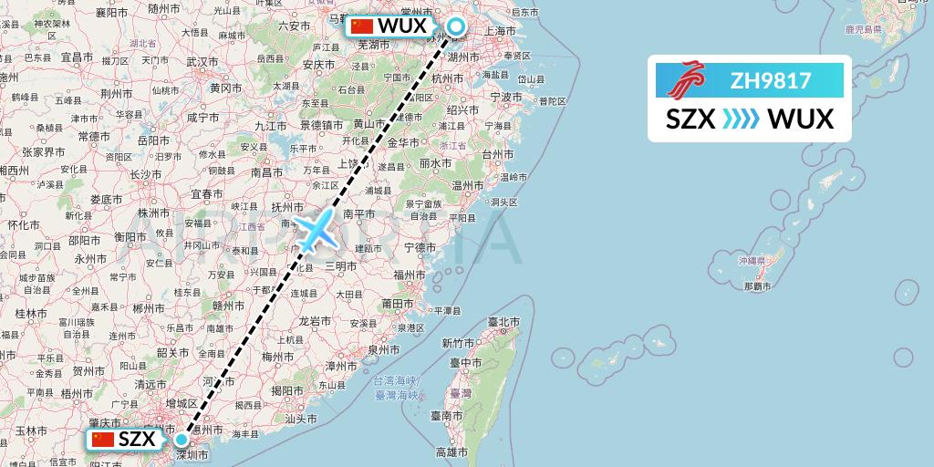 ZH9817 Shenzhen Airlines Flight Map: Shenzhen to Wuxi