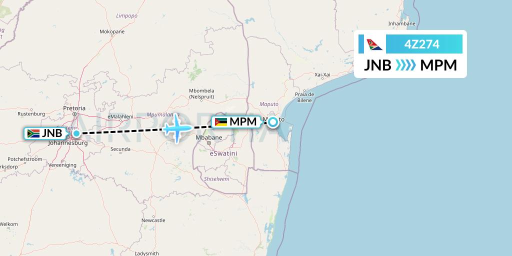 4Z274 Airlink Flight Map: Johannesburg to Maputo
