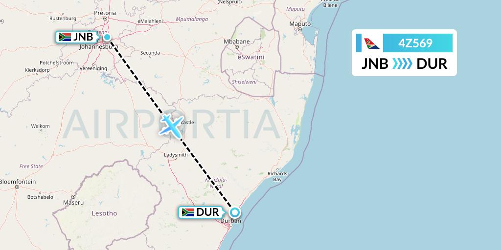 4Z569 Airlink Flight Map: Johannesburg to Durban