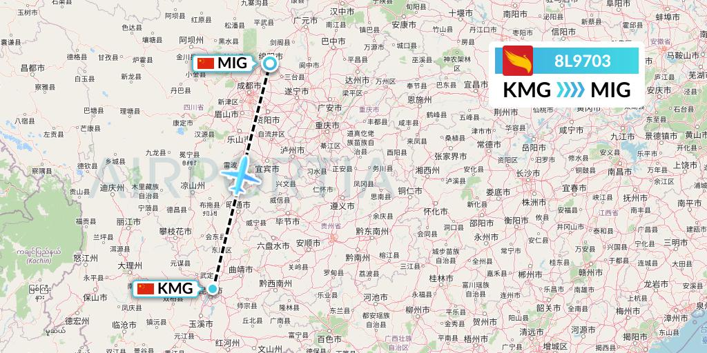 8L9703 Lucky Air Flight Map: Kunming to Mianyang