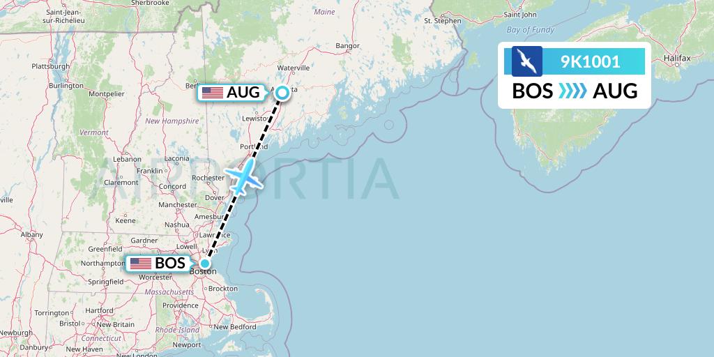 9K1001 Cape Air Flight Map: Boston to Augusta