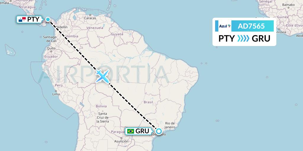 AD7565 Azul Brazilian Airlines Flight Map: Panama City to Sao Paulo