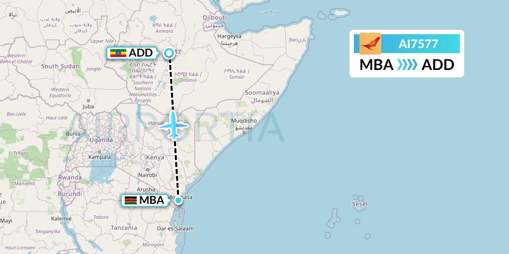 AI7577 Air India Flight Map: Mombasa to Addis Ababa