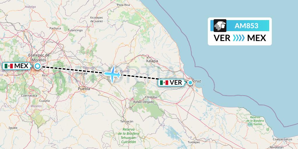 AM853 Aeromexico Flight Map: Veracruz to Mexico City