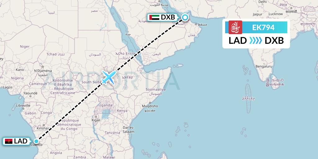 EK794 Emirates Flight Map: Luanda to Dubai