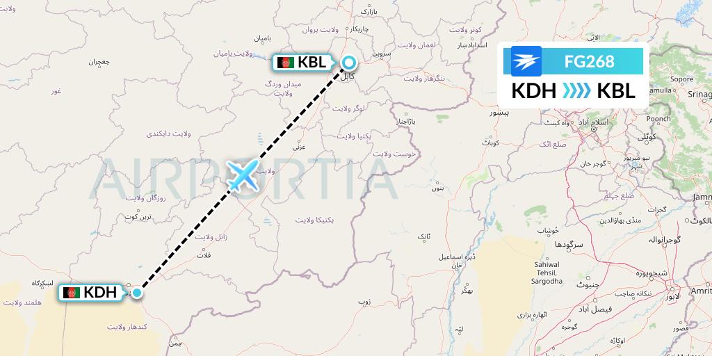 FG268 Ariana Afghan Airlines Flight Map: Kandahar to Kabul