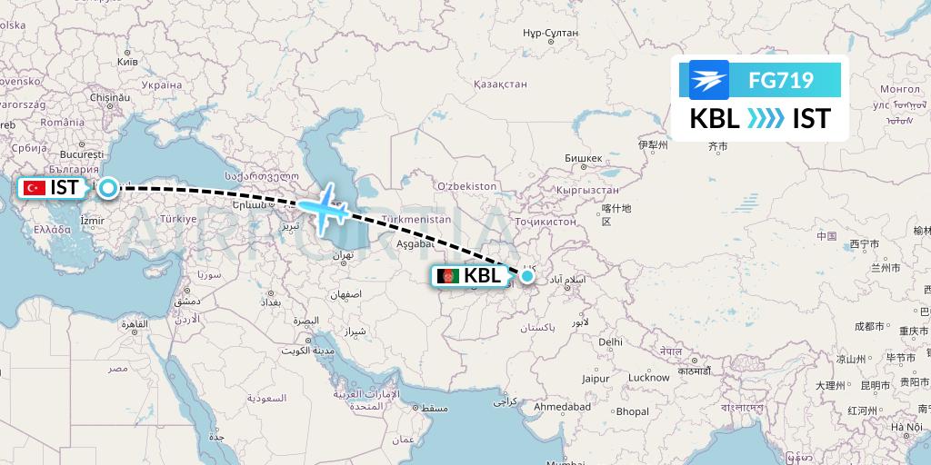 FG719 Ariana Afghan Airlines Flight Map: Kabul to Istanbul