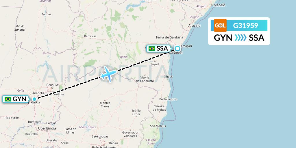 G31959 GOL Transportes Aeros Flight Map: Goiania to Salvador