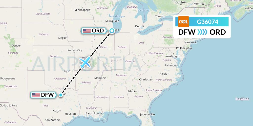 G36074 GOL Transportes Aeros Flight Map: Dallas to Chicago