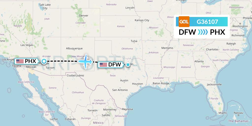 G36107 GOL Transportes Aeros Flight Map: Dallas to Phoenix