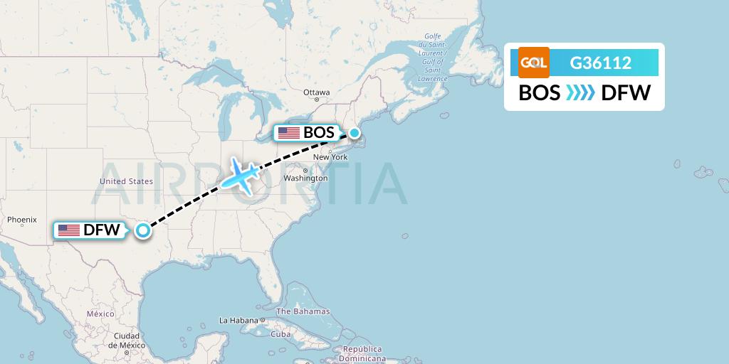 G36112 GOL Transportes Aeros Flight Map: Boston to Dallas