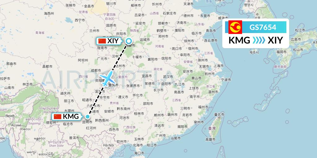 GS7654 Tianjin Airlines Flight Map: Kunming to Xi'an