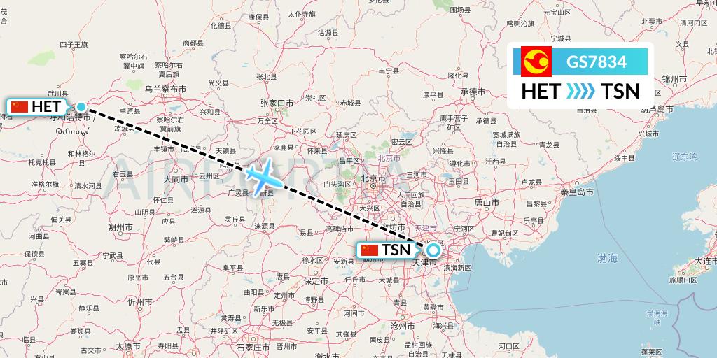 GS7834 Tianjin Airlines Flight Map: Hohhot to Tianjin