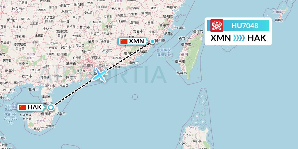 HU7048 Hainan Airlines Flight Map: Xiamen to Haikou