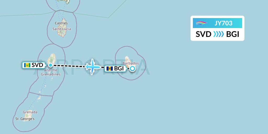 JY703 InterCaribbean Airways Flight Map: Kingstown to Bridgetown
